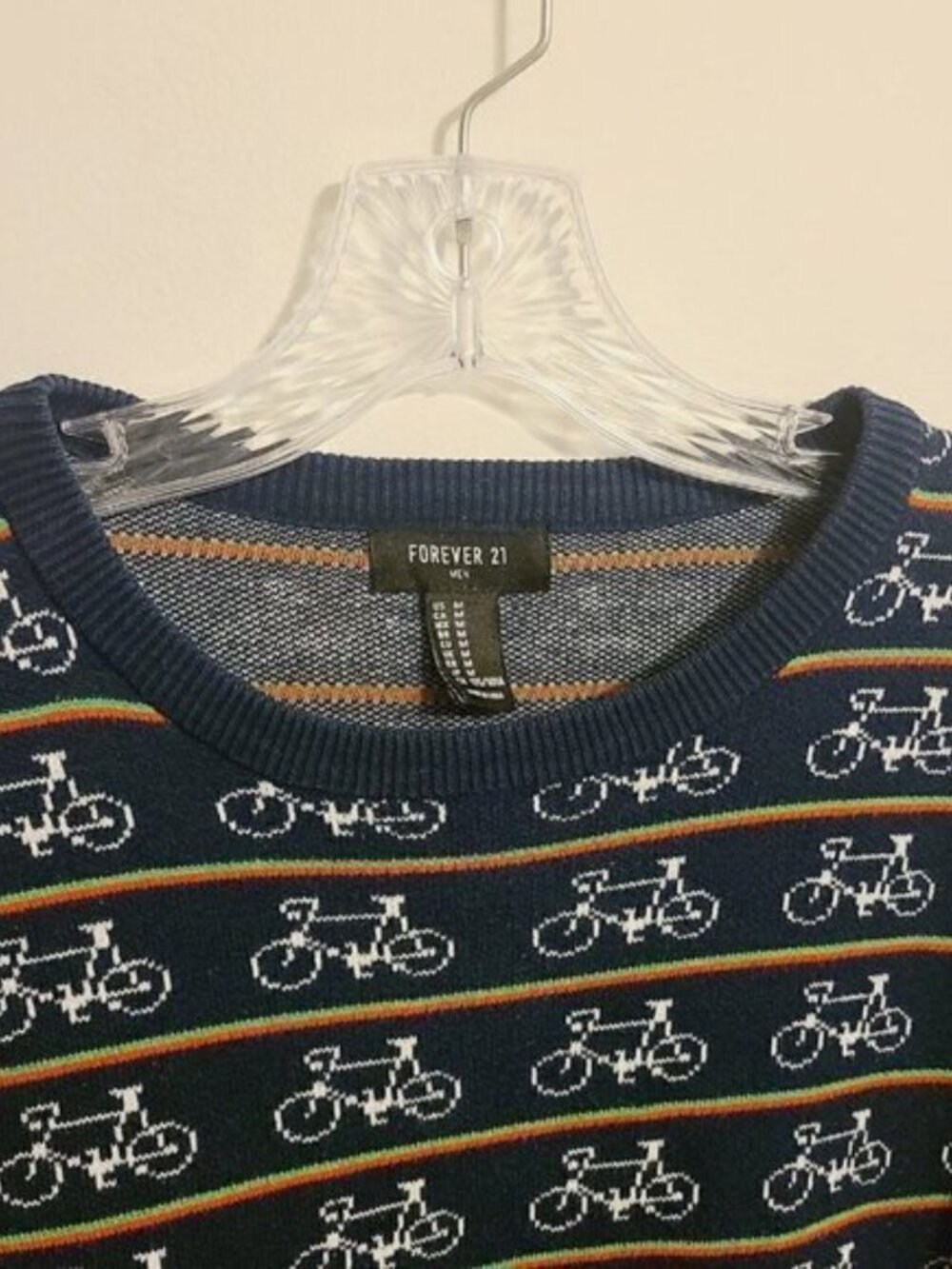 Forever 21 Men | Navy Bicycle Print & Striped Crewneck Sweater (Size Medium) - Picture 4 of 12